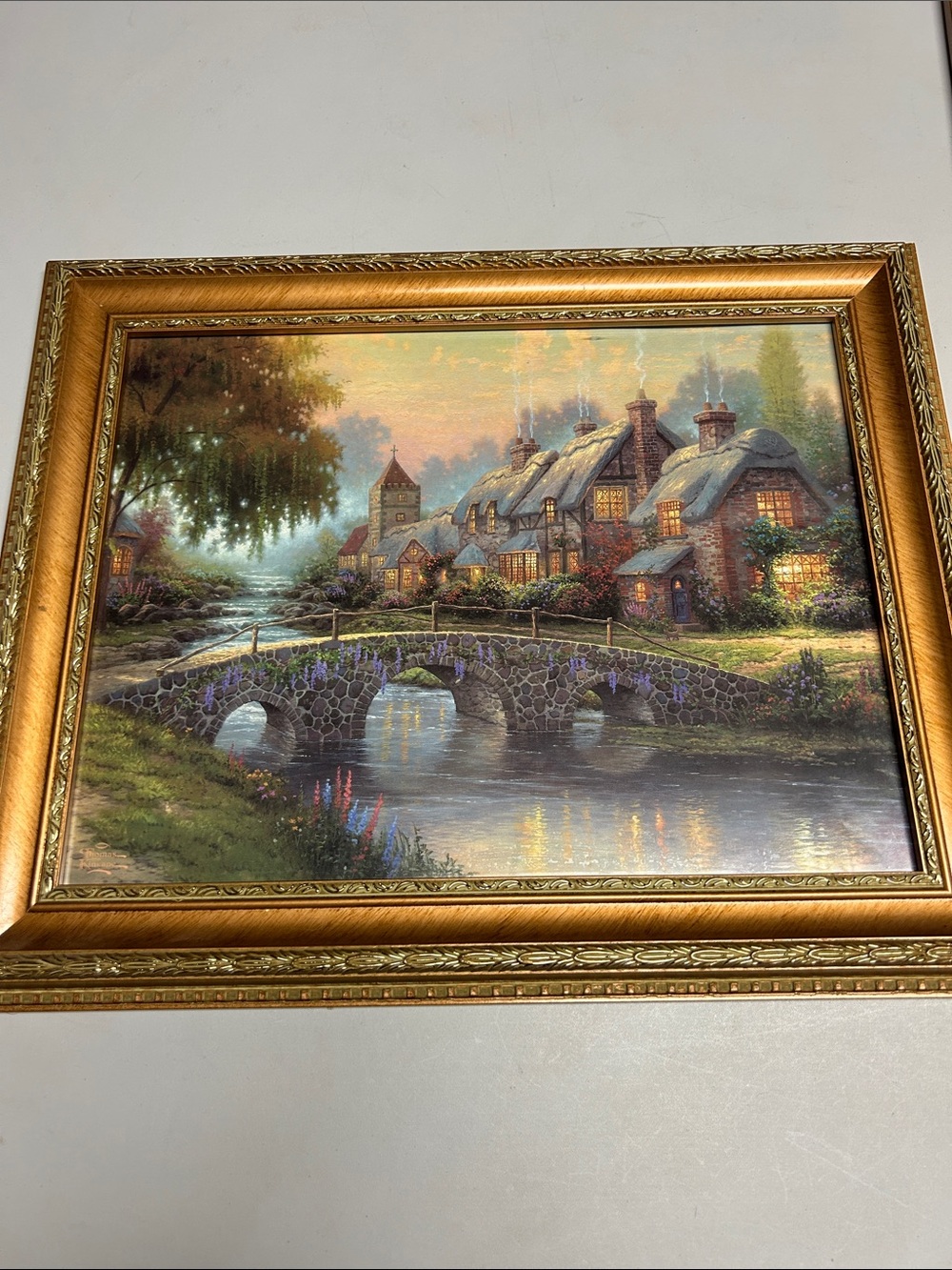 Thomas Kincaid art print in frame cobblestone bridge
